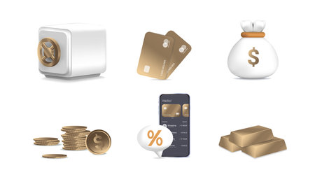 Set money, cards, coins, safe, ingot gold. Saving money, online banking, cashback. Gold set. Modern isolated vector illustrationのイラスト素材