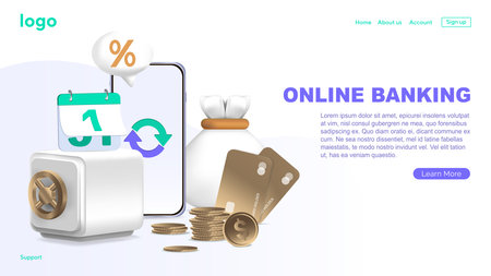 Design concept of Online Banking for banner and website. Isometric landing page template. Transfer money, card, cashback, safe, phone.のイラスト素材
