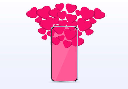 Valentine's Day. Hearts flying out of the phone. Template, banner. Vector illustrationのイラスト素材