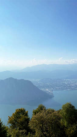 View of the lake and mountains from above. Lake Lugano, Switzerlandの写真素材