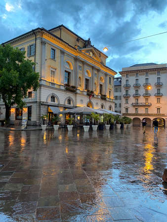 Lugano city center, Switzerland. Evening view, rainの写真素材