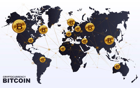 Bitcoin, electronic money. Cryptocurrency. Bitcoin on the map. Banner, Template for a web page....