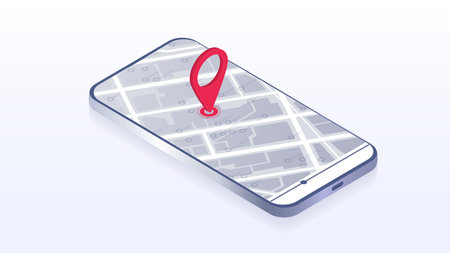 Map GPS navigation, Smartphone map application and red pinpoint on screen, App search map...