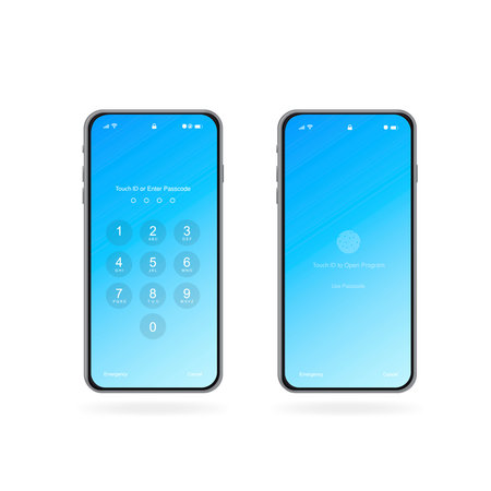 Locked phone, password and fingerprint input. Scan. Website template. Vector illustration.