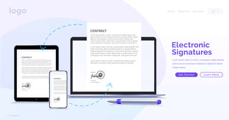 Electronic contract or digital signature concept in vector illustration. Signing an electronic contract online by phone. Website template or web page layout.のイラスト素材
