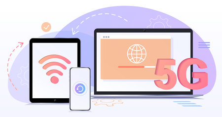 5g internet.Concept web design, website page development The working process.Template landing page for website.Web development, optimization, user experience.Website layout elements, data transfer.のイラスト素材