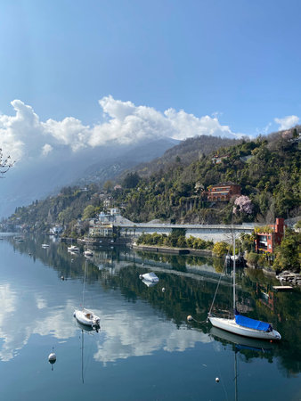 View of the city of Ascona, Switzerland. View of the lake and mountains, sunny day. Beautiful...