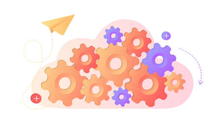 Business organization with circle gear vector concept illustration mechanism. Database with cloud server, Data set, process, classification, database. Company process development structure.のイラスト素材