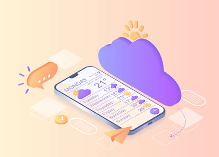 Weather notification. Digital communication. Instant messenger, notification mobile smartphone and laptop for chatting in social media. Process, classification, database. Landing page, template, webのイラスト素材