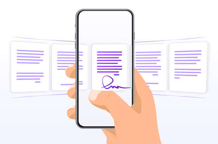 Phone in hand with files. Scroll, select a files, documents on your phone. Process, classification, database. Flat vector illustration. Landing page, template, web, banner, homepage.のイラスト素材