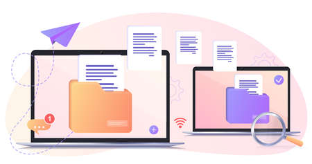File transfer. Files transferred encrypted form. Program for remote connection between two computers. Full access to remote files and folders. Data Center concept based. Business organization. Webのイラスト素材