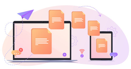 File transfer. Files transferred encrypted form. Program for remote connection between computer and the tablet. Full access to remote files and folders. Data Center concept based.のイラスト素材