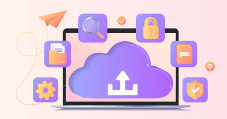 Banner with upload sign on laptop screen. Torrent data piracy from servers. File transfer and sharing. File transfer. Program for remote connection. Database with cloud server, process, classificationのイラスト素材