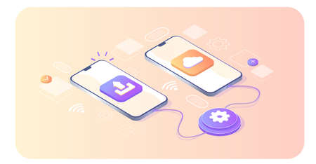 Downloading, transferring information. Program for remote connection between phones. Business organization. Database with cloud server, Data set, process, classification, database. Web bannerのイラスト素材