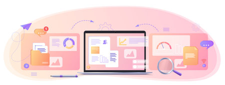 Web development, programmer engineering and coding website on augmented reality interface screens. Developer project engineer programming software or application design. Web bannerのイラスト素材