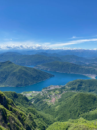 Panorama View from Top of Monte Genereso, Ticino, Switzerland. View to Lugano city, San Salvatore...