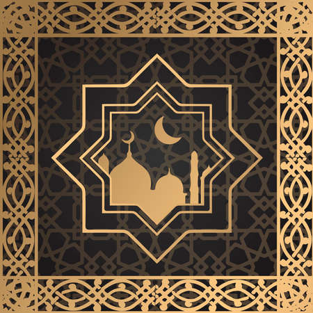 Abstract luxury beautiful decorative vector background.Pattern. Islamic.Gold arabic ornament greeting card on a black background. Black style background with golden frame. Golden luxury product label.のイラスト素材