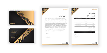 Business card and blank. Modern minimalist template. Document design template for office, company. Gold ornament greeting card on a black background. Vector illustration.のイラスト素材