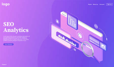 SEO analytics banner. Research and analytics of search engine optimization of content. Search engines optimization landing page. Template landing page for website. Web development, optimization.のイラスト素材