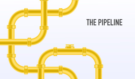 Web banner template. Industrial background with yellow pipeline. Oil, water or gas pipeline with fittings and valves. Vector illustration in a flat style.のイラスト素材