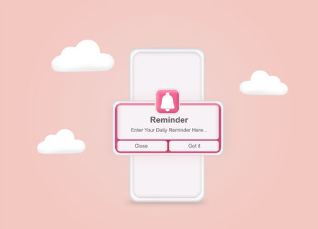 Pink reminder in 3d design mockup on phone. Notifications. Web banner. Concept web design, website...