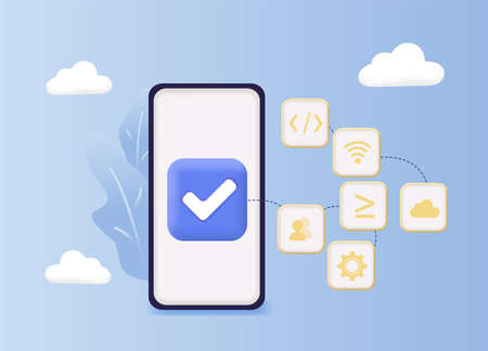 Program development, program process structure, data processing technologies. Scheme of work, phased. Digital communication. Business organization. Web banner, icons. Vector illustration.のイラスト素材