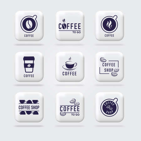 Coffee logo set. Top view of coffee cup with grain image. 3d logo sign. Volumetric sign. Web banner, signs. Isolated vector illustration.のイラスト素材