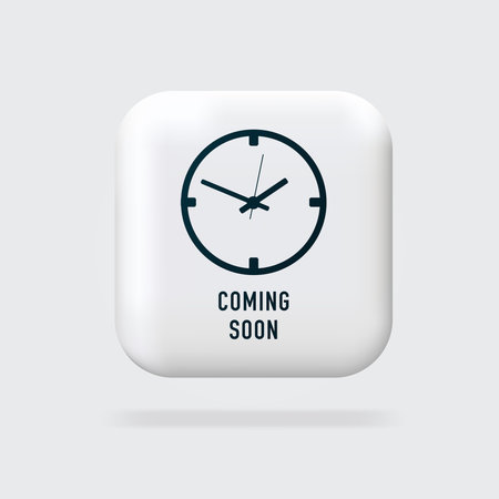 Clock with inscription coming soon. Background of "coming soon" with a clock. Icons Web. Button. 3D Vector Illustrations. Web banner. Modern design.のイラスト素材