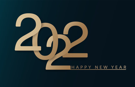 Happy New Year 2022. Holiday greeting card with golden 2022 new year logo. Holiday design for...