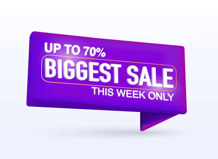 Biggest sale 3D sale banner for promotion and discount, marketing. Up to 70%. This weekend only. Web button, modern design.のイラスト素材