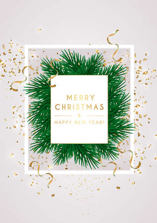 Merry Christmas and Happy New Year. Vector illustration for winter holiday. December. Flying golden confetti. Golden luxury product label. Web banner, poster, postcard. Modern designのイラスト素材