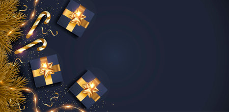 Merry Christmas and Happy New Year. Vector illustration for winter holiday. December. Flying golden...