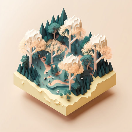 3d rendering. nature concept. Isometric forest with trees and bushes.の写真素材