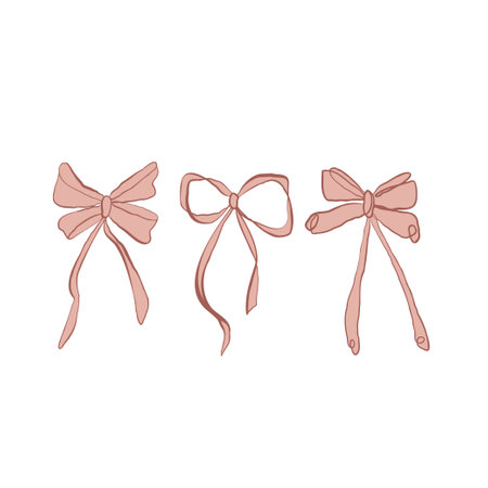 Bows set in hand line art drawing in sketchy style. Hand holding decorative ribbon bow in creamy colors. Black linear design hand drawn vector illustrationのイラスト素材