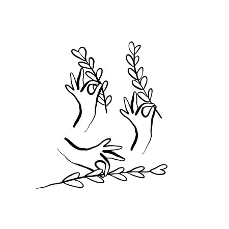 Set of hands holding twigs in hand drawn style. Art symbol for wedding invitations. Outline vector illustrationのイラスト素材