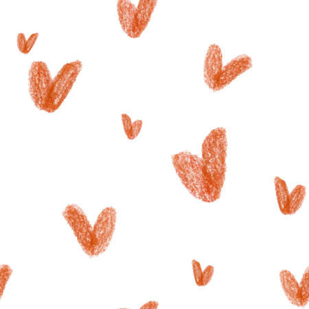 Red heart seamless pattern. Hand-drawn with pencils, doodle style. Love background. Wedding decor. Romantic illustration.の写真素材