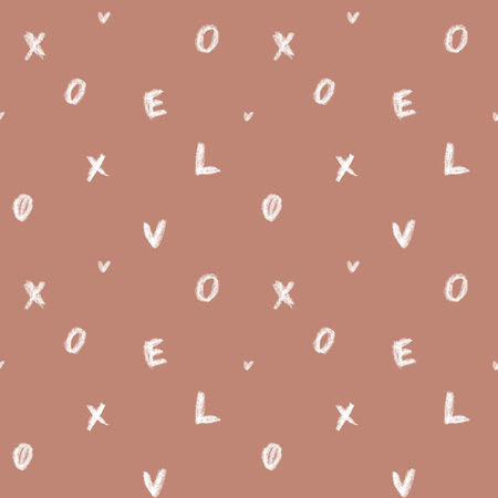 Seamless hand-drawn crayon love pattern with xo and hearts in warm tones on mocha mousse brown backgroundの写真素材