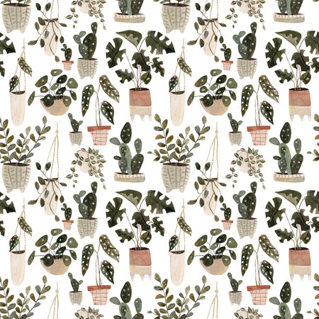 Decorative home plants seamless pattern. Background of green potted indoor houseplants. Home jungle print. Boho home plants design illustrationの写真素材