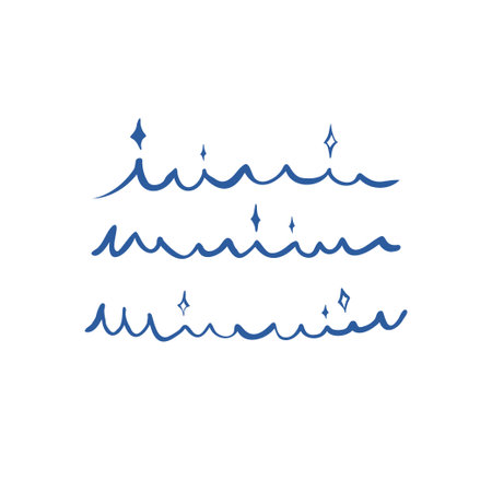 Waves sparkles marine hand drawn set doodle sketchy style in navy blue. Abstract simpleのイラスト素材