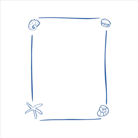 Rectangle sea frame with cute hand drawn marine doodles and underwater creatures on light blue backgroundのイラスト素材