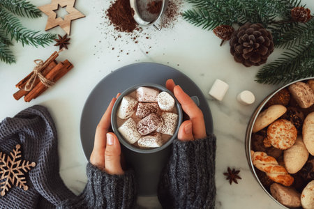 Hot chocolate or cocoa with marshmallows female hands on wooden background.Top View. Christmas warm...