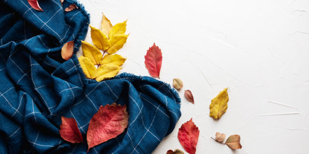 Autumn composition. Blue plaid on white background. Autumn, fall concept. Flat lay, top view, copy spaceの写真素材