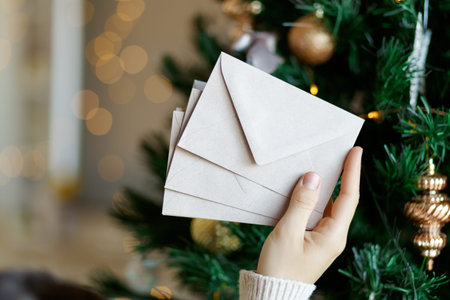 Hand holding stack of craft paper envelopes for christmas greeting card invitation design on...