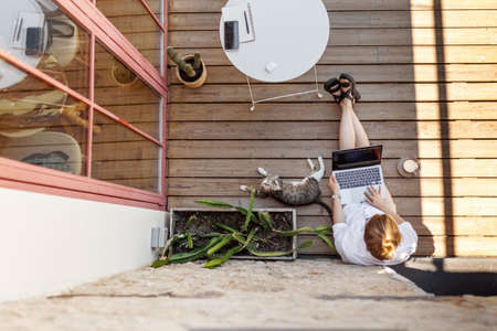 Top-down of young female copywriter typing text on laptop keyboard sitting on wooden terrace with best friend cat. Top view of woman in casual look working remotely from home. communication conceptの写真素材