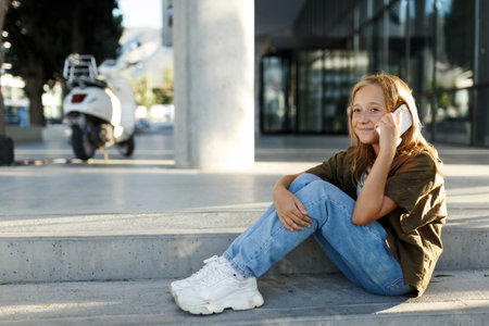 Teen girl sitting on street stairs on summer day and having mobile conversation on smartphoneの写真素材