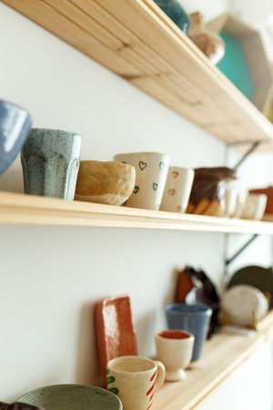 Handmade craft glazed modern ceramics shop. Eco friendly sustainable tableware wabi sabi style shopping on local market. Side viewの写真素材