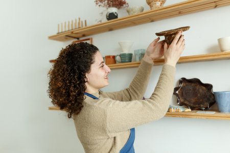 Happy young ceramist looking away thoughtfully while taking stock. Creative businesswoman managing a store with handmade ceramic products. Female entrepreneur running a successful small businessの写真素材