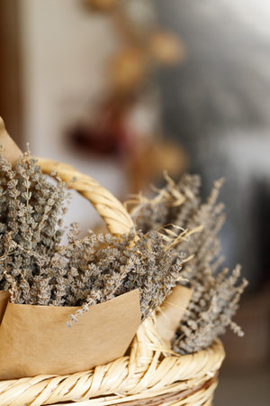 Bunches of aromatic dried lavender or lavandin flowers for sale in shop in Cyprus.の写真素材