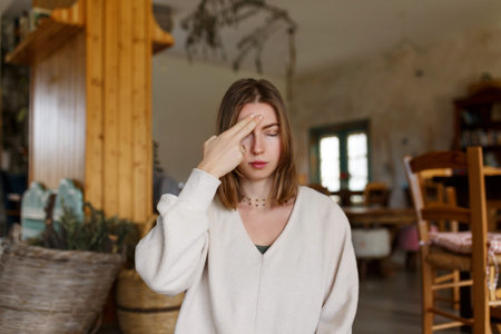 Meditation and woman with hand on face for calm pressure relief and mindfulness in nature. Yoga,...