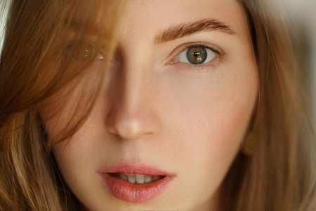 Close up highly-detailed portrait of surprised charming young European woman with ginger hair and perfect healthy skin, looking at camera with pretty cute smile.の写真素材